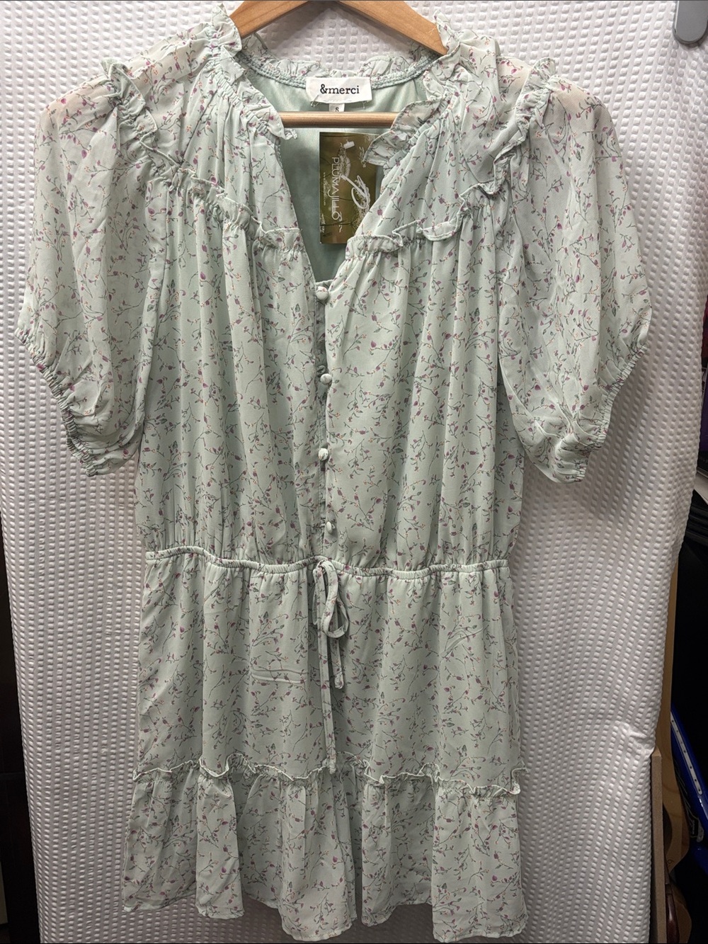 &merci Mint Floral Ruffle Button-Front Dress